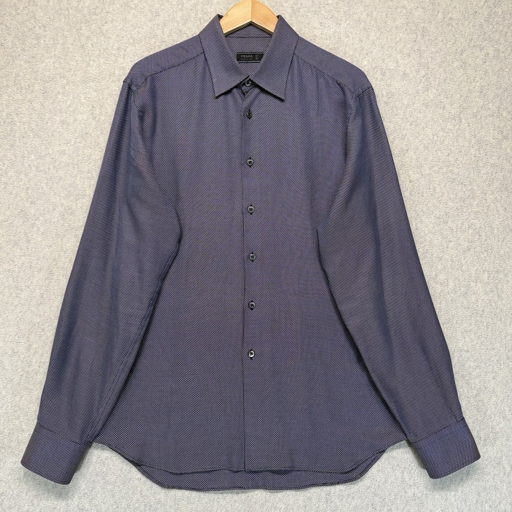 Prada Men's Blue Geometric Pattern Button Front Dress Shirt Size 42 16.5 Italy